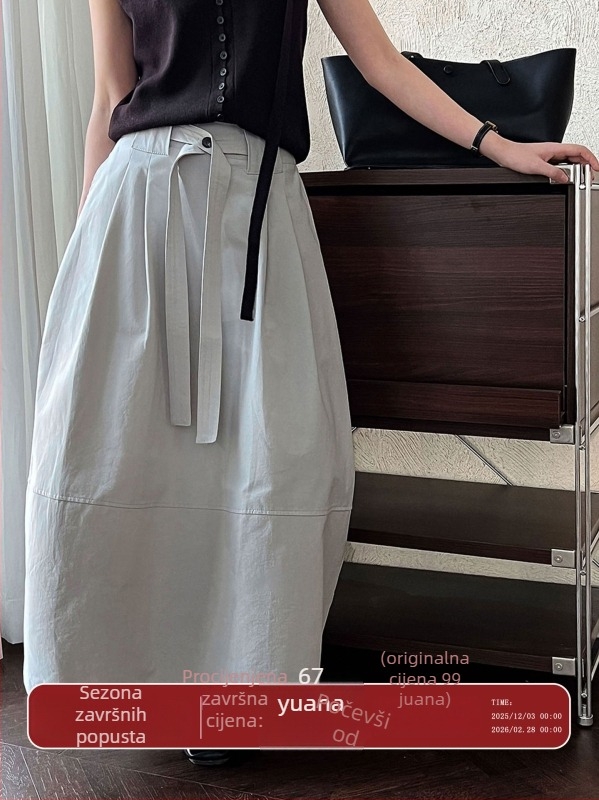 Lantern suknja srednje duljine, japansko-korejski ležerni stil, pamuk-nylon smjesa (50-70% pamuka, 30-50% najlona), tkanina s naborkama
