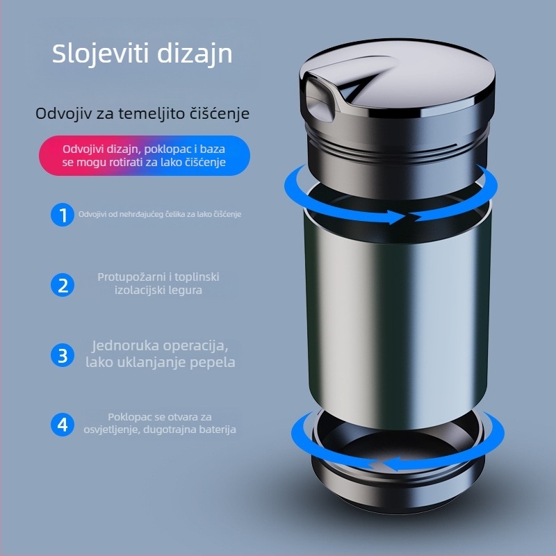 Automobilski pepelnjak s poklopcem i LED svjetlom, aluminijska legura, model CZ-YHG, 180 g, za unutarnji prostor auta