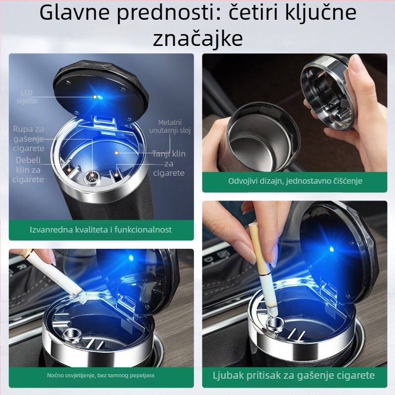 Mandini auto-pepeljak s rasvjetom za unutarnju montažu – model TAI7-20260101801045, ABS, težina 0.8