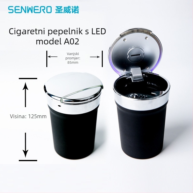 Pepeljara za auto s LED osvjetljenjem, otporna na visoke temperature, višefunkcionalna, model A02