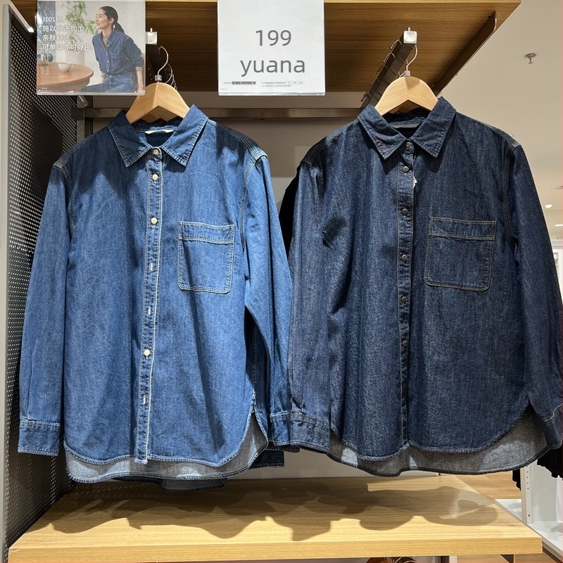 Ženska džins košulja – dugi rukavi, kvadratni ovratnik, ležerni kroj, srednja duljina, jesen 2024