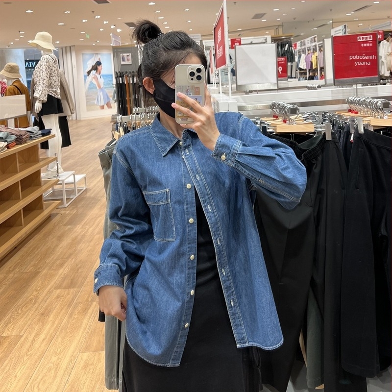Ženska džins košulja – dugi rukavi, kvadratni ovratnik, ležerni kroj, srednja duljina, jesen 2024