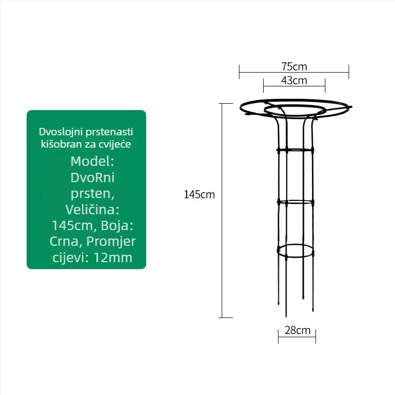Stalak za cvijeće u obliku kišobrana za penjačke ruže i vinovu lozu, galvanizirana čelična cijev s plastičnim premazom, za vanjsku uporabu