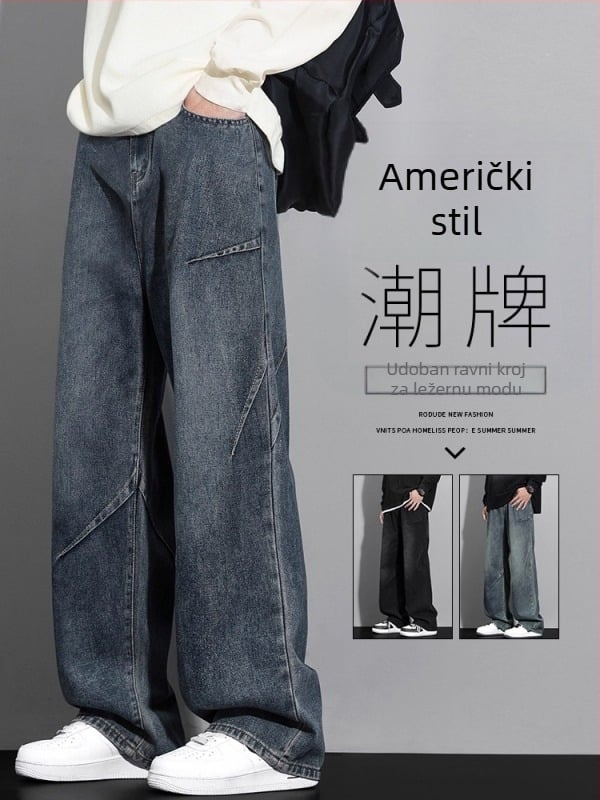 Traperice: labav ravni kroj, široke nogavice, denim s naborima, srednji pojas, zatvarač na zip