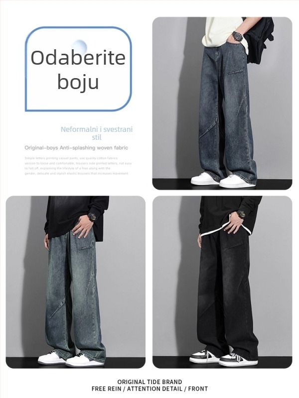 Traperice: labav ravni kroj, široke nogavice, denim s naborima, srednji pojas, zatvarač na zip