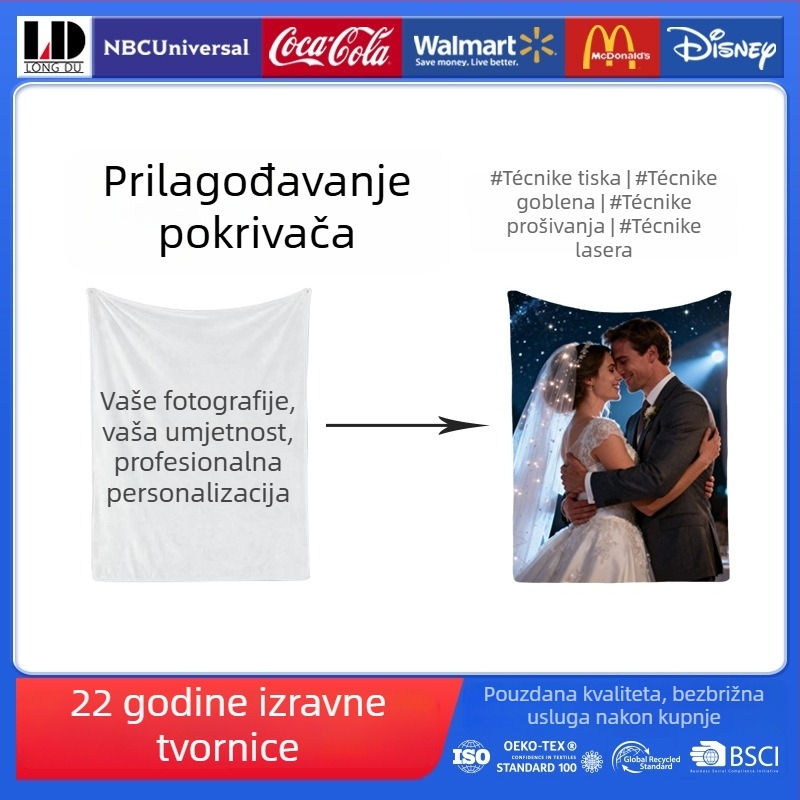 Personalizirana jastučnica i deka s otiskom lika, toplinska transferta, poliester, koralni flis, zimska upotreba, prilagodljivo