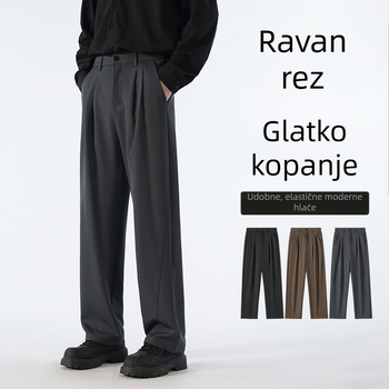 Muške hlače u japanskom stilu za casual nošenje, širokog ravnog kroja, srednji porast, zatvaranje na gumbe, 97% poliester, 3% spandex, proljeće i jesen