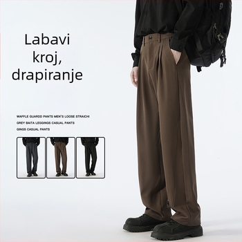 Muške hlače u japanskom stilu za casual nošenje, širokog ravnog kroja, srednji porast, zatvaranje na gumbe, 97% poliester, 3% spandex, proljeće i jesen