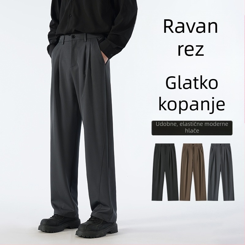Muške hlače u japanskom stilu za casual nošenje, širokog ravnog kroja, srednji porast, zatvaranje na gumbe, 97% poliester, 3% spandex, proljeće i jesen