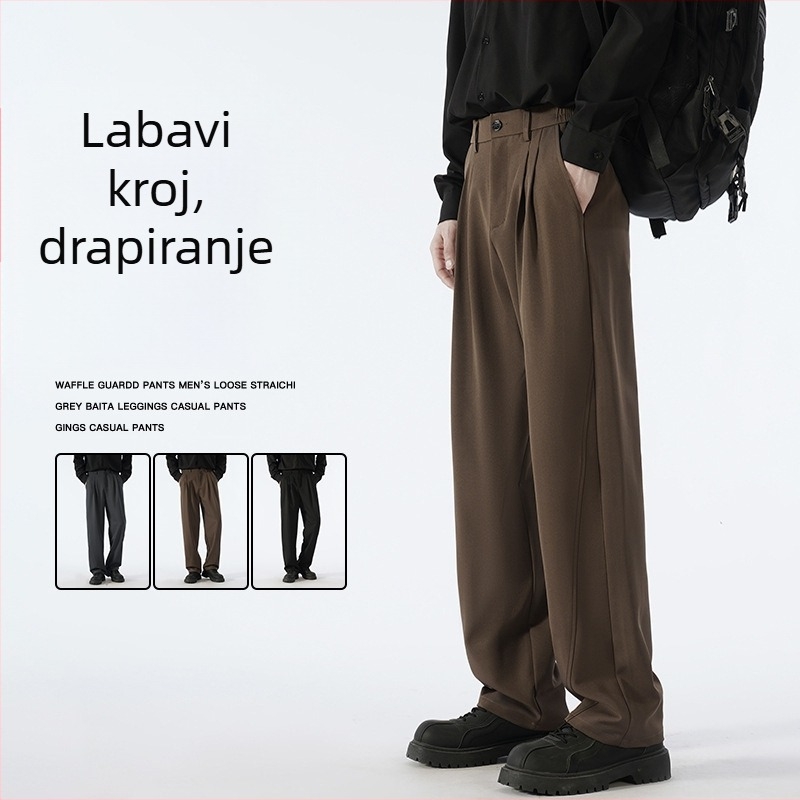 Muške hlače u japanskom stilu za casual nošenje, širokog ravnog kroja, srednji porast, zatvaranje na gumbe, 97% poliester, 3% spandex, proljeće i jesen