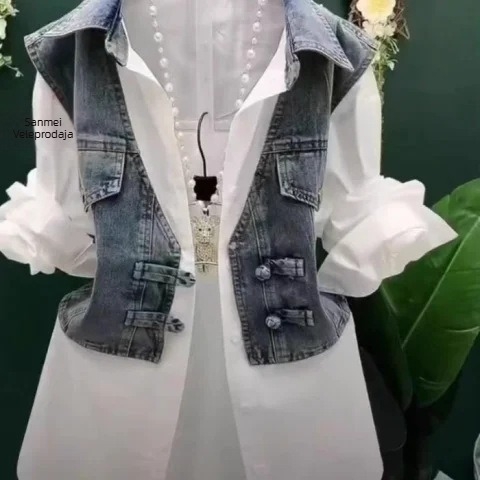 Košulja od denima i pamuka s polo ovratnikom, dugi rukavi, širok kroj — lažni dvodijelni set, gradski stil