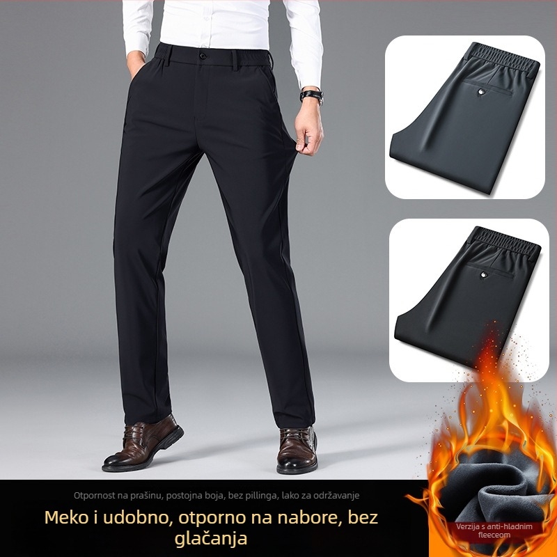 Muške zimske casual hlače s flis podstavom, elastični najlon materijal, ravni kroj, ziper, niski struk