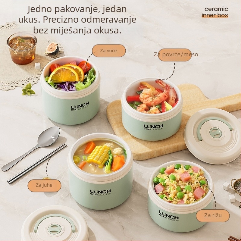 Izolirana kutija za ručak s keramičkim unutarnjim dijelom, mikrovalna kompatibilnost, okrugli oblik, četiri sloja konstrukcije, kapacitet 501–800 ml