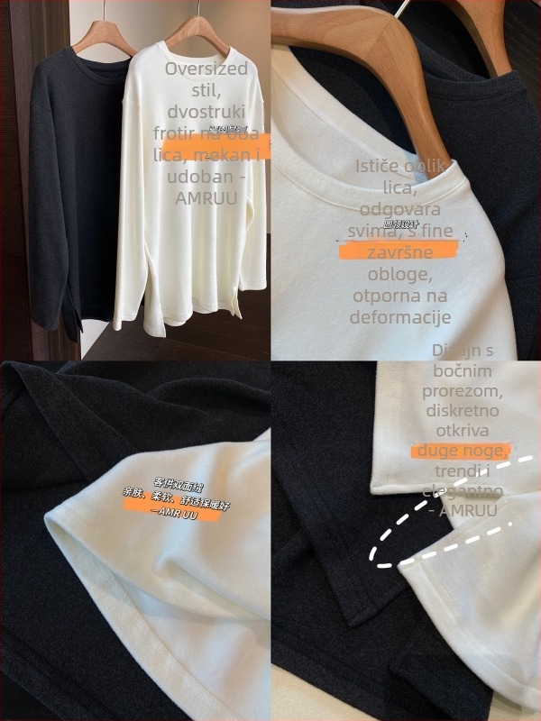Majica T-shirt s fleecem i dvostruko velurom, dugi rukavi, okrugli vrat, udobni kroj, srednja dužina 65–80 cm, zima 2025, japansko-korejski ležerni stil