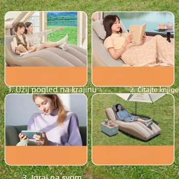 Sklopivi naduhavajući kamping kauč-ležaj s ugrađenom električnom pumpom; težina 4 kg; nosivost 300 kg; flokirana površina; električna pumpa.