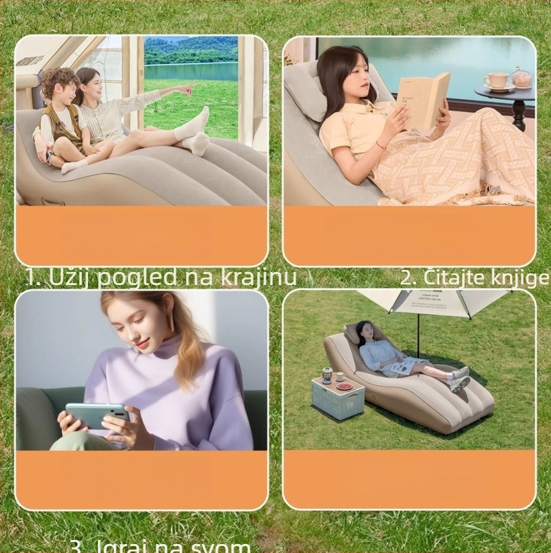 Sklopivi naduhavajući kamping kauč-ležaj s ugrađenom električnom pumpom; težina 4 kg; nosivost 300 kg; flokirana površina; električna pumpa.