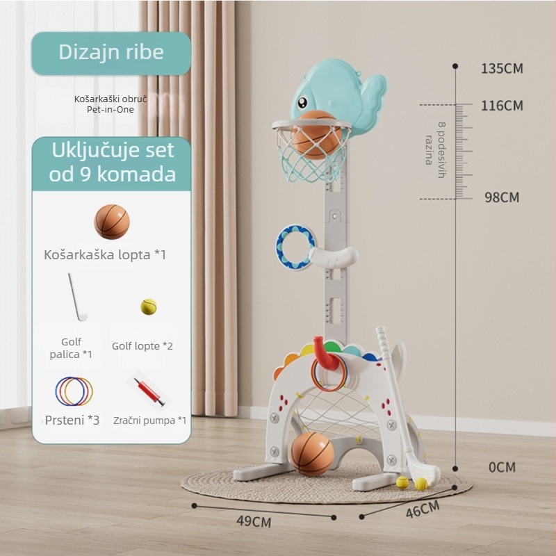 Unutarnji podesivi koš za košarku za djecu – pet u jednoj igrački, plastična konstrukcija, uzrast 4–6 godina