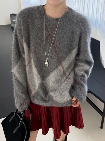 Ženski vuneni džemper s dijamantnim uzorkom, 95% vuna, okrugli izrez, dugi rukavi, debeli, brushed tekstura, normalna dužina, japansko-korejski casual