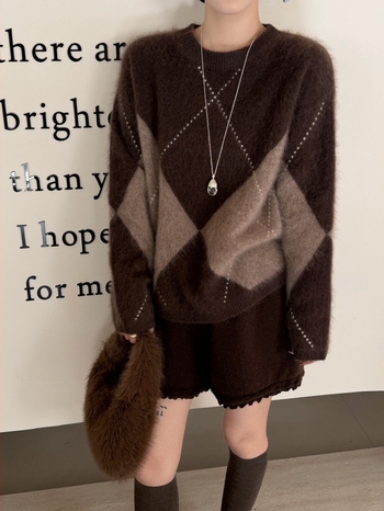 Ženski vuneni džemper s dijamantnim uzorkom, 95% vuna, okrugli izrez, dugi rukavi, debeli, brushed tekstura, normalna dužina, japansko-korejski casual