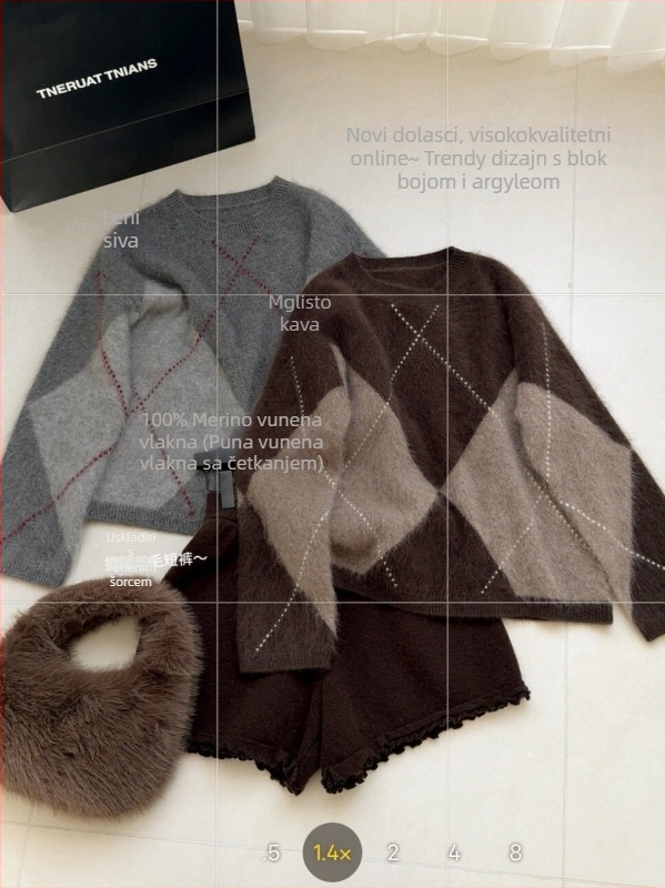 Ženski vuneni džemper s dijamantnim uzorkom, 95% vuna, okrugli izrez, dugi rukavi, debeli, brushed tekstura, normalna dužina, japansko-korejski casual