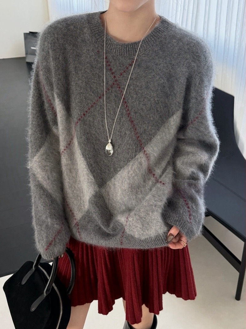 Ženski vuneni džemper s dijamantnim uzorkom, 95% vuna, okrugli izrez, dugi rukavi, debeli, brushed tekstura, normalna dužina, japansko-korejski casual