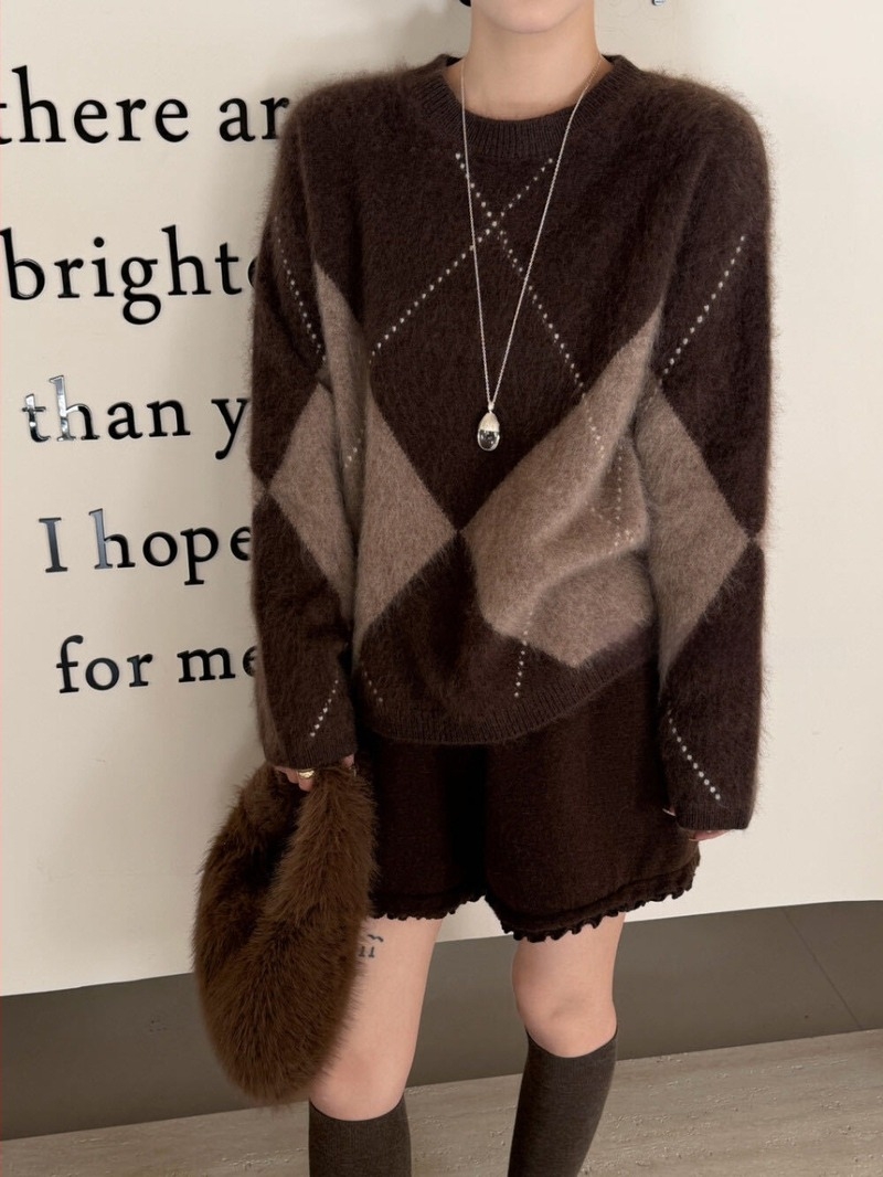 Ženski vuneni džemper s dijamantnim uzorkom, 95% vuna, okrugli izrez, dugi rukavi, debeli, brushed tekstura, normalna dužina, japansko-korejski casual