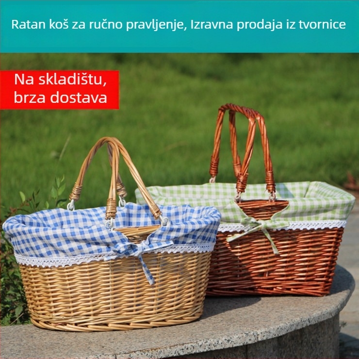 Ratan koš za piknik, pleteni od ratana, stil laganog luksuza