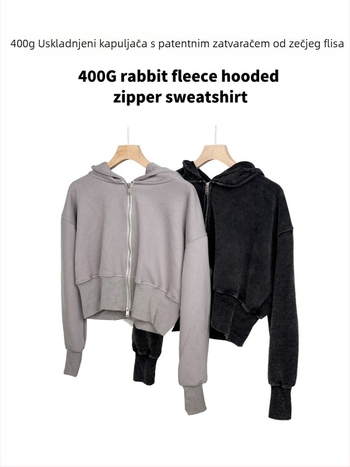 Ženski retro kardigan s kapuljačom i zatvaračem, kratka duljina 40–50 cm, slobodan kroj, 400 g rabbit-down mješavina pamuka i acetata