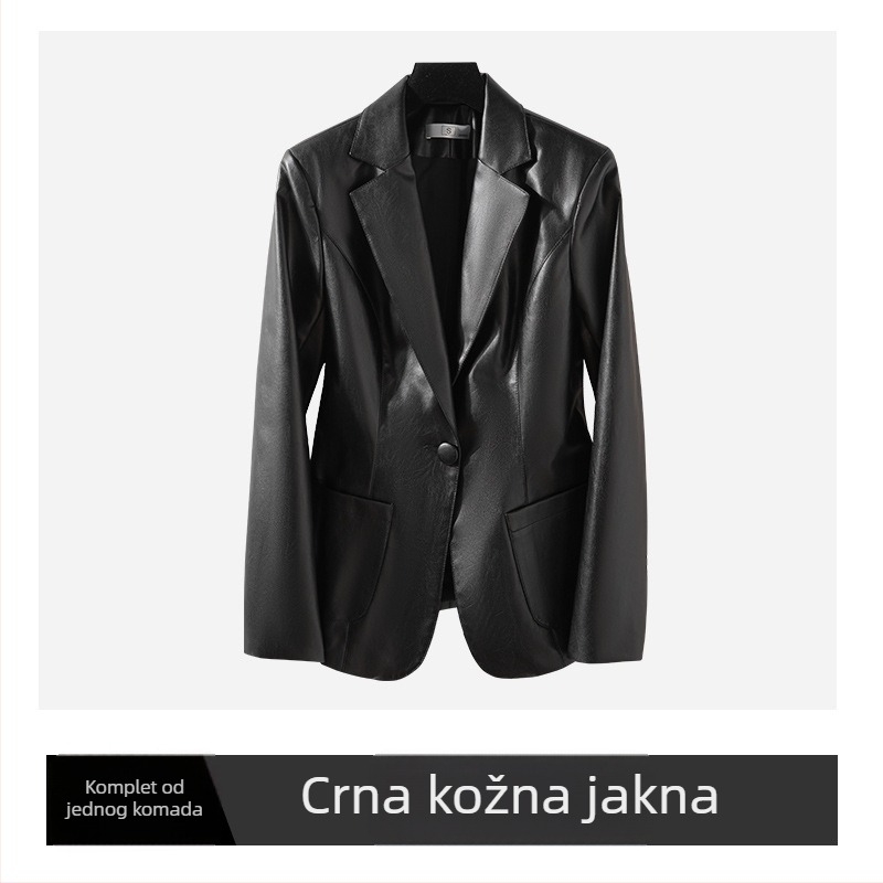 Ženski sako od umjetne kože u korejskom stilu, uski kroj, srednja duljina, ovratnik odijela (PU koža, poliester)