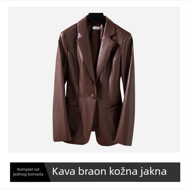 Ženski sako od umjetne kože u korejskom stilu, uski kroj, srednja duljina, ovratnik odijela (PU koža, poliester)