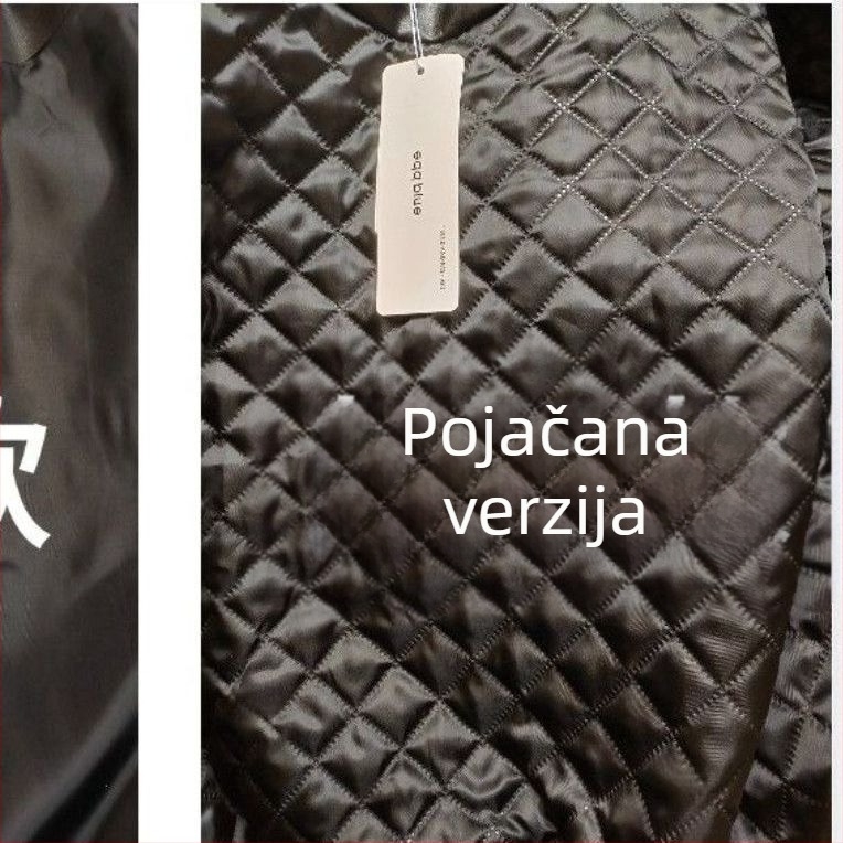 Ženska kožna jakna, V-izrez, zatvaranje zipom, srednja duljina, umjetna koža s chenille i spandeks