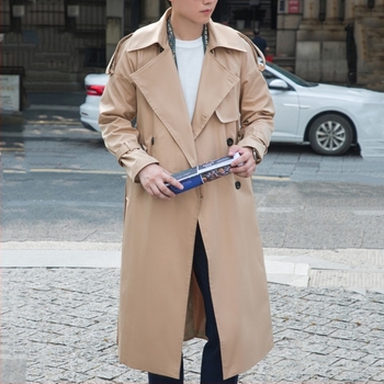 Muški trench coat s japanskim stilom, dvostruko kopčanje, rever, pojas, dugačak iznad koljena
