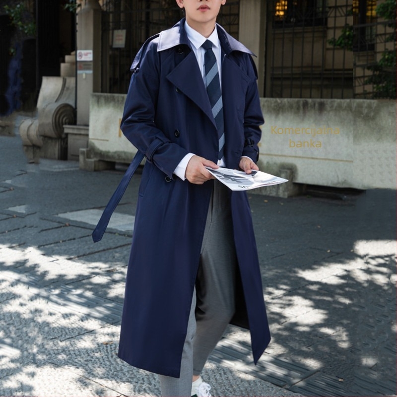 Muški trench coat s japanskim stilom, dvostruko kopčanje, rever, pojas, dugačak iznad koljena