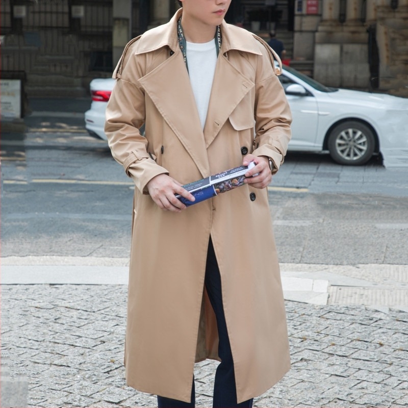 Muški trench coat s japanskim stilom, dvostruko kopčanje, rever, pojas, dugačak iznad koljena