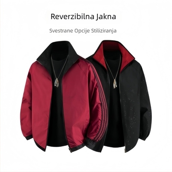 26 Muška reverzibilna casual jakna za proljeće i jesen, stojeći ovratnik, moto stil, jednobojna