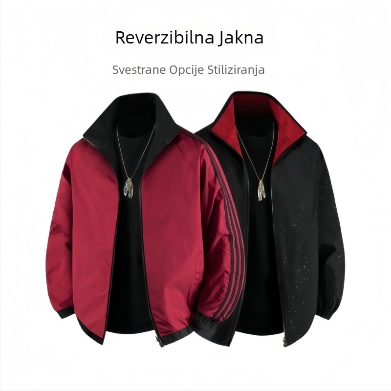 26 Muška reverzibilna casual jakna za proljeće i jesen, stojeći ovratnik, moto stil, jednobojna