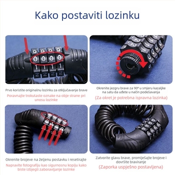 Prijenosna žična brava za bicikl s četveroznamenim kodom, prijenosna, ABS glava i cilindar od cinkovog legure, 75 g