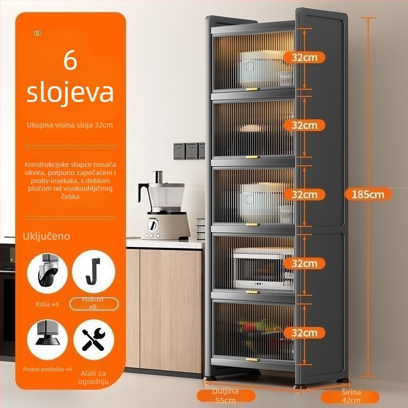 Kuhinjski stalak za uske prostore – podni ormarić s više slojeva za posuđe i mikrovalnu pećnicu, pomični, od karbonske čelika