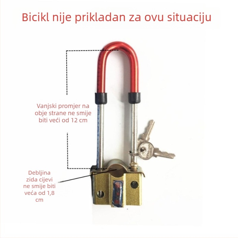 Katanac za bicikl s debelim U-oblikom, fiksna montaža, višeključni sustav