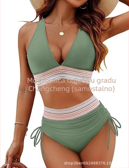 Ženski bikini set visokog struka, halter vrat, otvoreno leđa, podstava za grudnjak, poliester