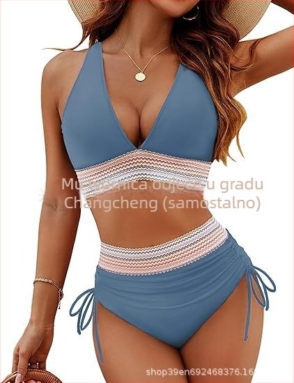 Ženski bikini set visokog struka, halter vrat, otvoreno leđa, podstava za grudnjak, poliester
