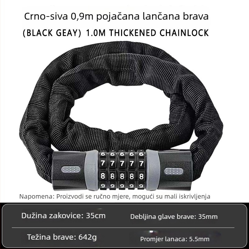 Lančani lokot za bicikl s petocifrenim lozinkom | Materijal: Legura | Težina: 642 g | Marka: Aisha Riding | Primjena: Bicikl, Motocikl, Električno vozilo | Stil: Moderno minimalistički