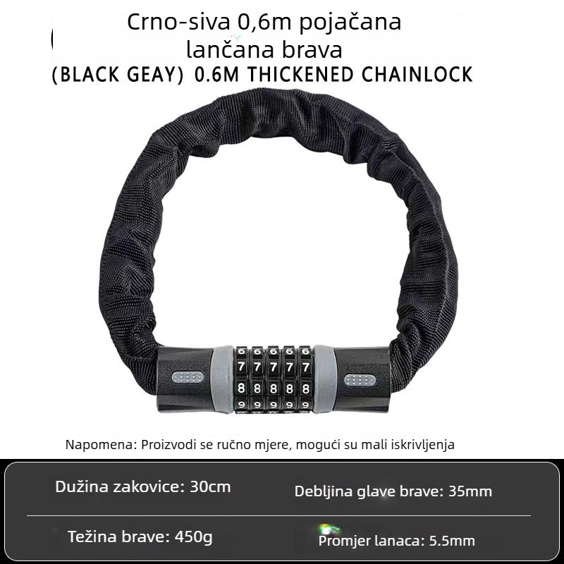 Lančani lokot za bicikl s petocifrenim lozinkom | Materijal: Legura | Težina: 642 g | Marka: Aisha Riding | Primjena: Bicikl, Motocikl, Električno vozilo | Stil: Moderno minimalistički