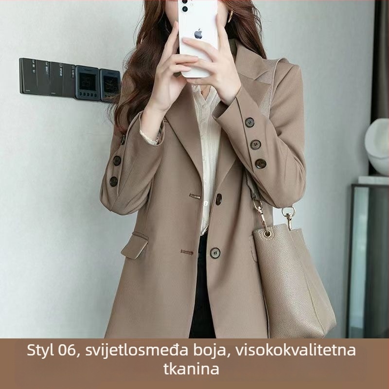 Ženski sako-blazer srednje duljine s klasičnim ovratnikom, dugim rukavima, jednostruko kopčanje, poliester 90–95%