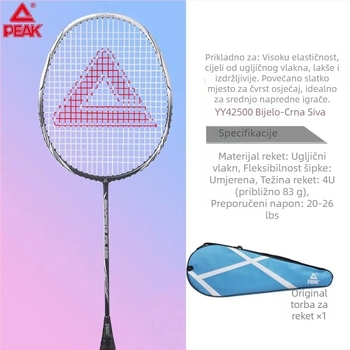 Badminton palica Peak YY42500, karbonska vlakna, težina 90–94 g, ravna raketa, držač G1, tvrdoća vretena: blago tvrda