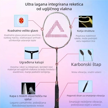 Badminton palica Peak YY42500, karbonska vlakna, težina 90–94 g, ravna raketa, držač G1, tvrdoća vretena: blago tvrda