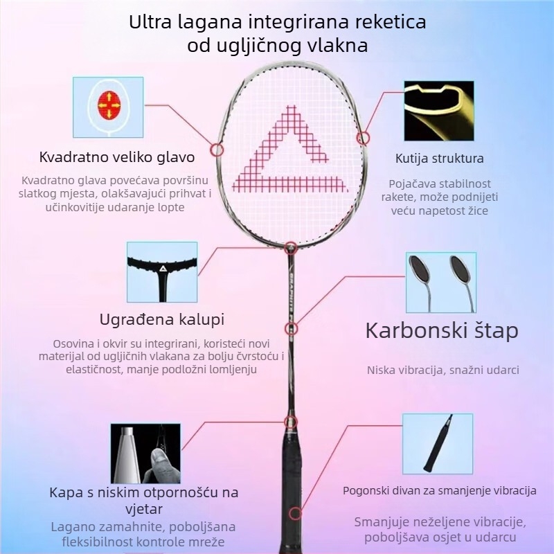 Badminton palica Peak YY42500, karbonska vlakna, težina 90–94 g, ravna raketa, držač G1, tvrdoća vretena: blago tvrda