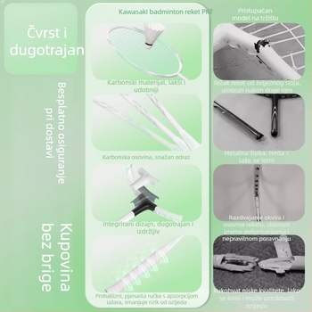 Raketa za badminton – okvir od željezne zlitine, težina 95–100 g, debljina ručke G2, direktan udarac, tvrdoća umjerena
