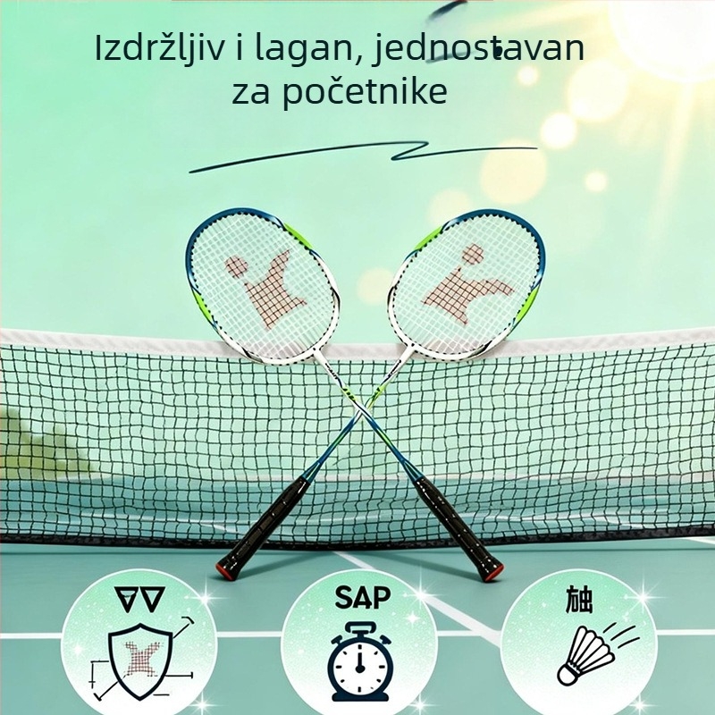 Badminton set (dva reketa) Ikalong, okvir od aluminijske legure, žice od poliestera, konstrukcija od aluminijsko-staklene kompozicije, težina 95–100 g, drška G5
