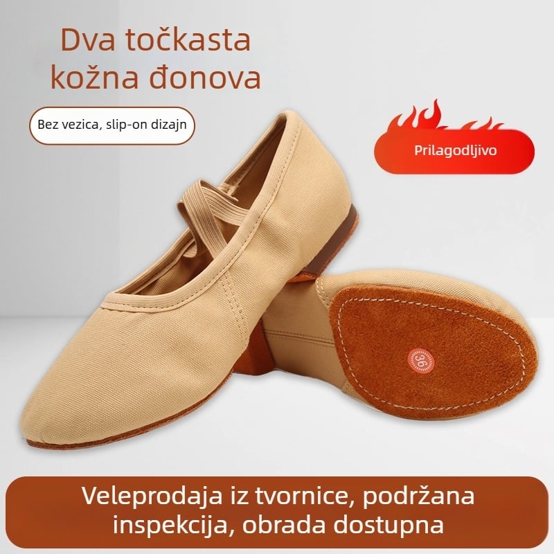 Tanečne cipele za žene — mekana kožna potplata, platneni gornji dio, za unutarnju upotrebu, bez vezica, debljina potplata 1 cm